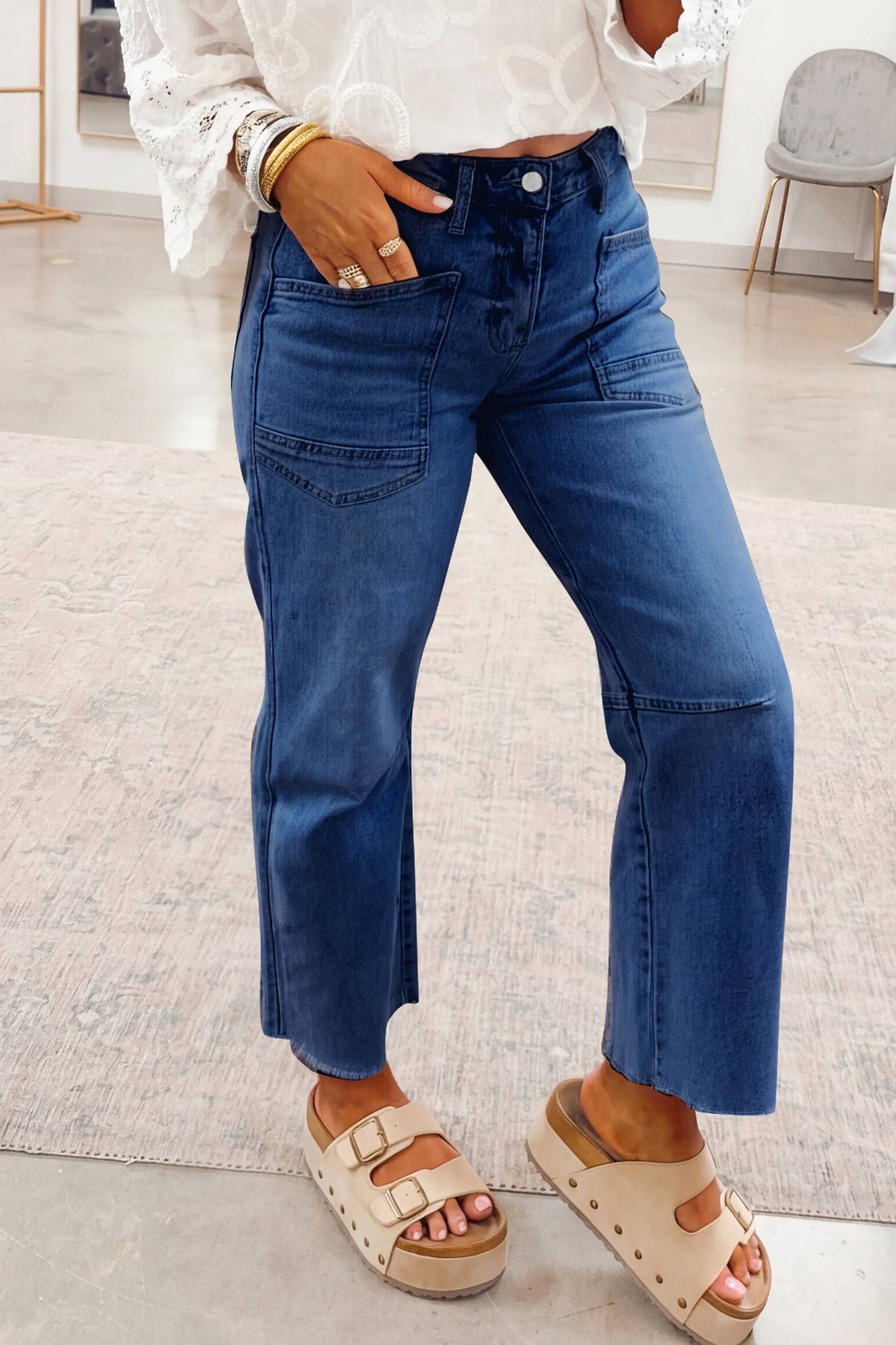1 the Woman - Solid Frayed Regular Cropped Light Wash Jeans