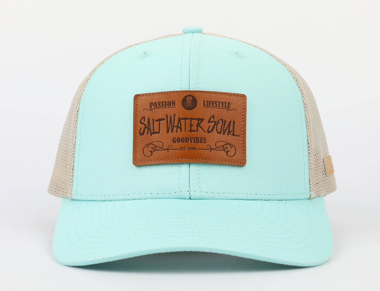 SALT WATER SOUL - Leather Patch Aqua Trucker Mesh Snapback Hat