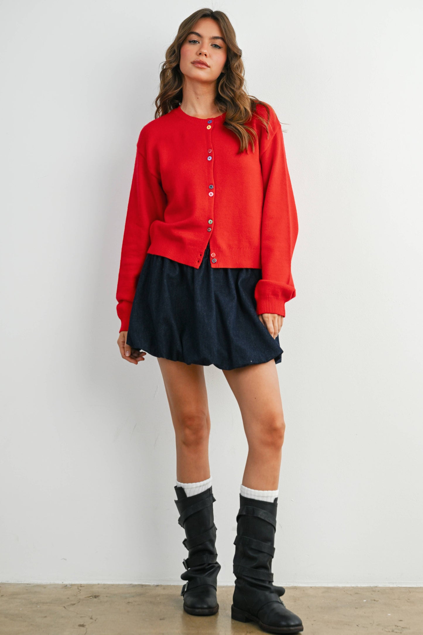 BUTTERMELON - Long Sleeve Buttoned Cropped Cardigan Sweater - BMC7906