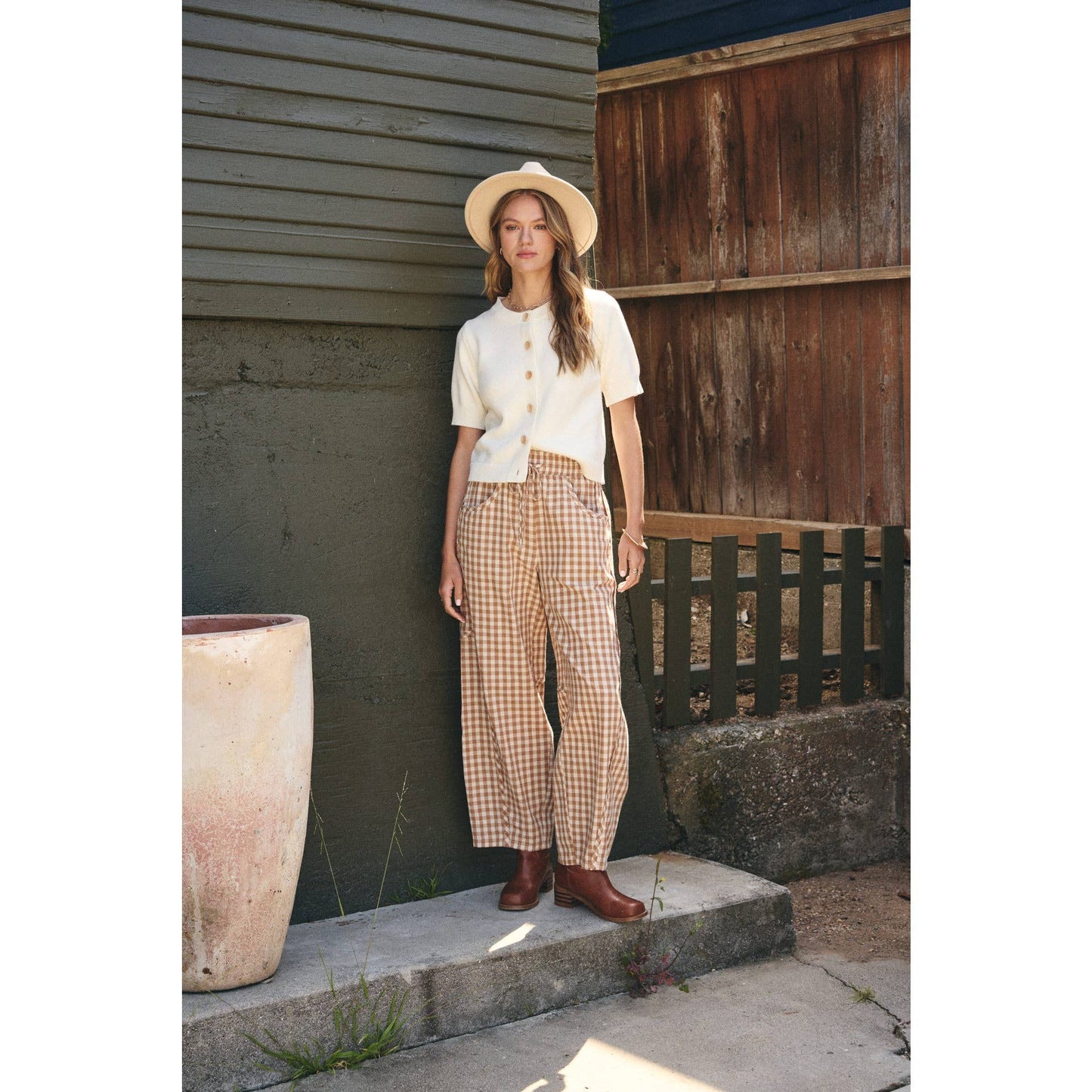 in february - EASY DAY RELAXED GINGHAM COTTON BARREL LEG PANTS