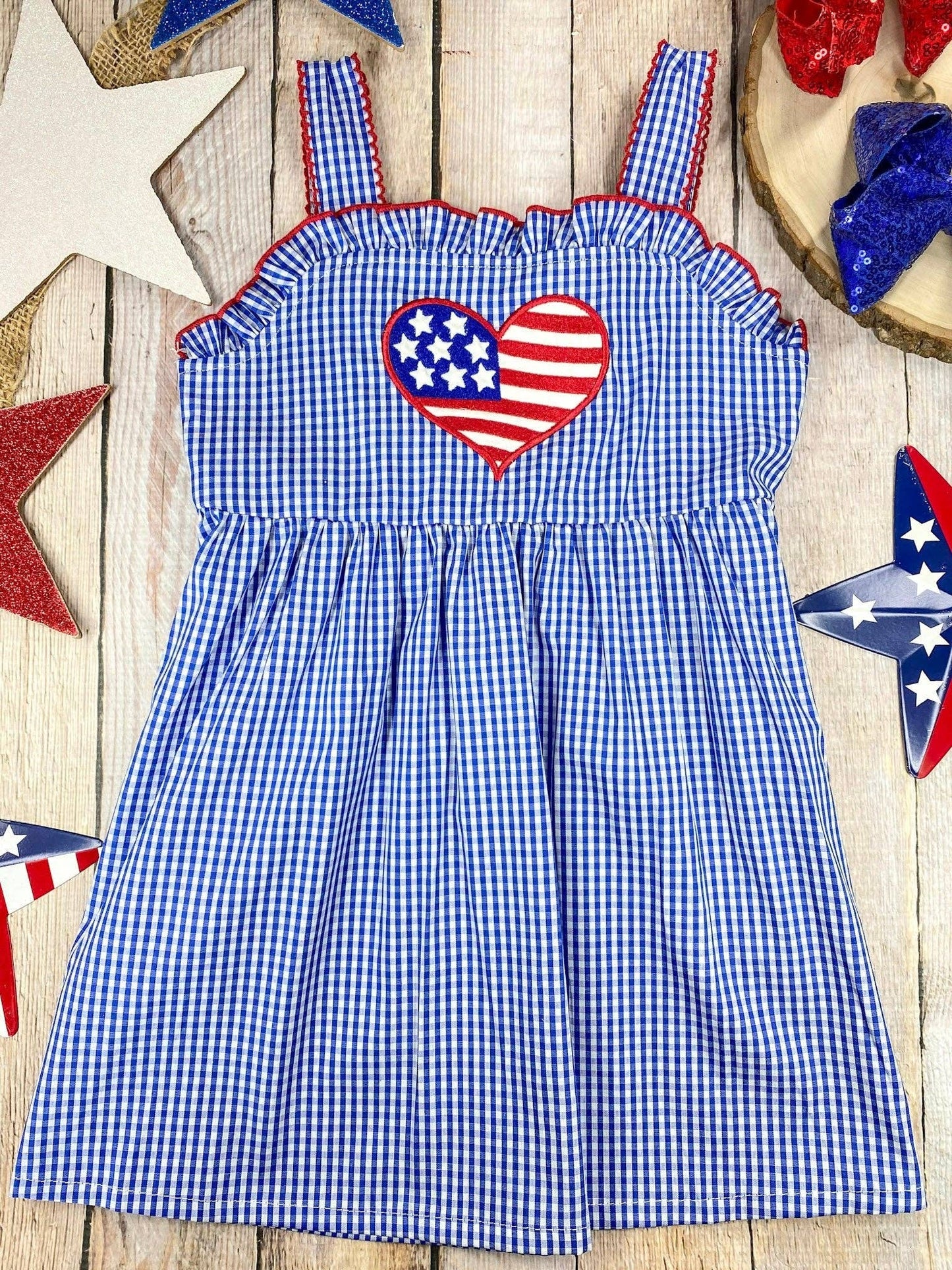 The Hair Bow Company - Blue Gingham American Heart Twirl Dress | Girls Patriotic Summer Dress