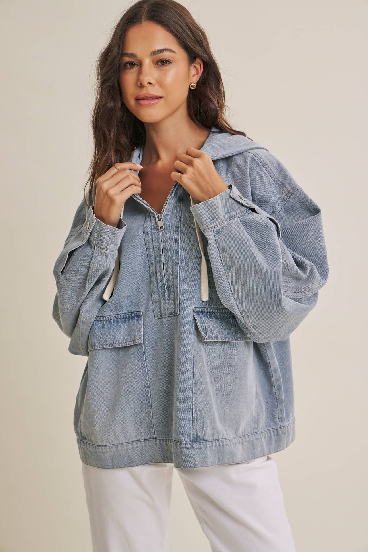in february - CRAVING COMFORT MINERAL-WASHED DENIM HOODED PULLOVER