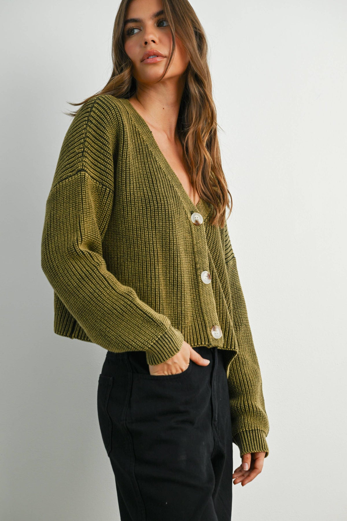 BUTTERMELON - V-Neck Buttoned Ribbed Long Sleeve Cardigan Sweater - BMC7773
