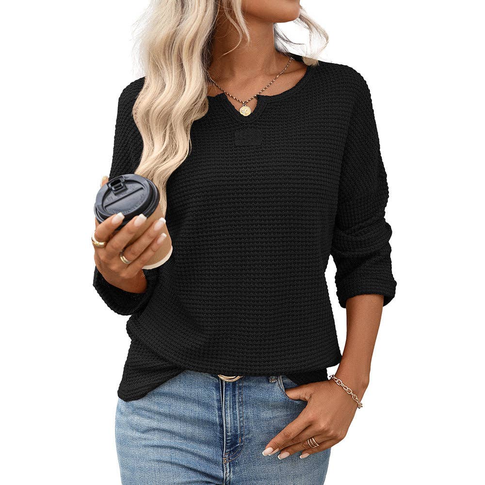 Lovesoft - Women’s Striped Waffle Knit Long Sleeve Casual T-Shirt Top