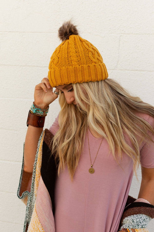 Three Bird Nest - Cable Knit Faux Fur Pom Beanie - Mustard