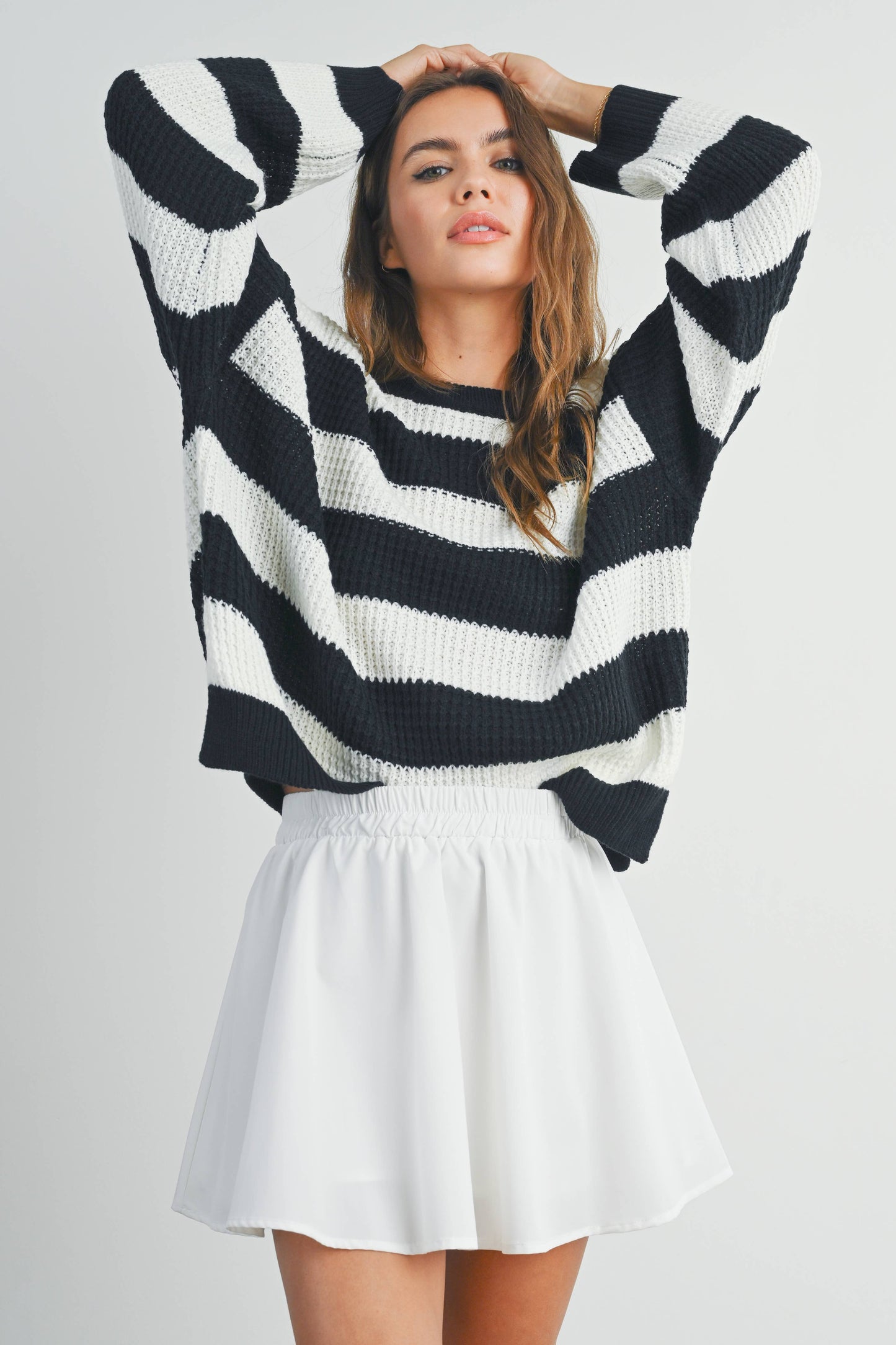 BUTTERMELON - Striped Round Neck Long Sleeve Sweater - BMW7329