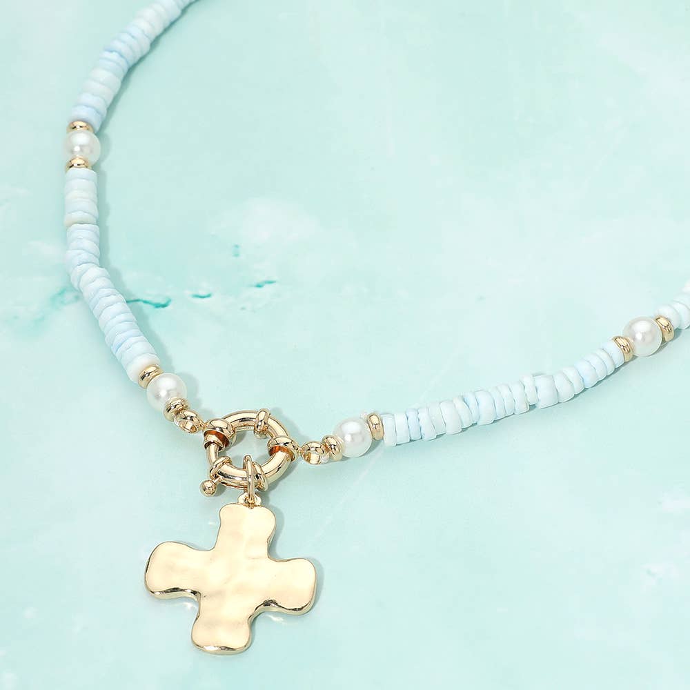 Sensibling Corp. - Hammered Metal Cross Charm Pendant Accent Pearl Flat Beaded Necklace
