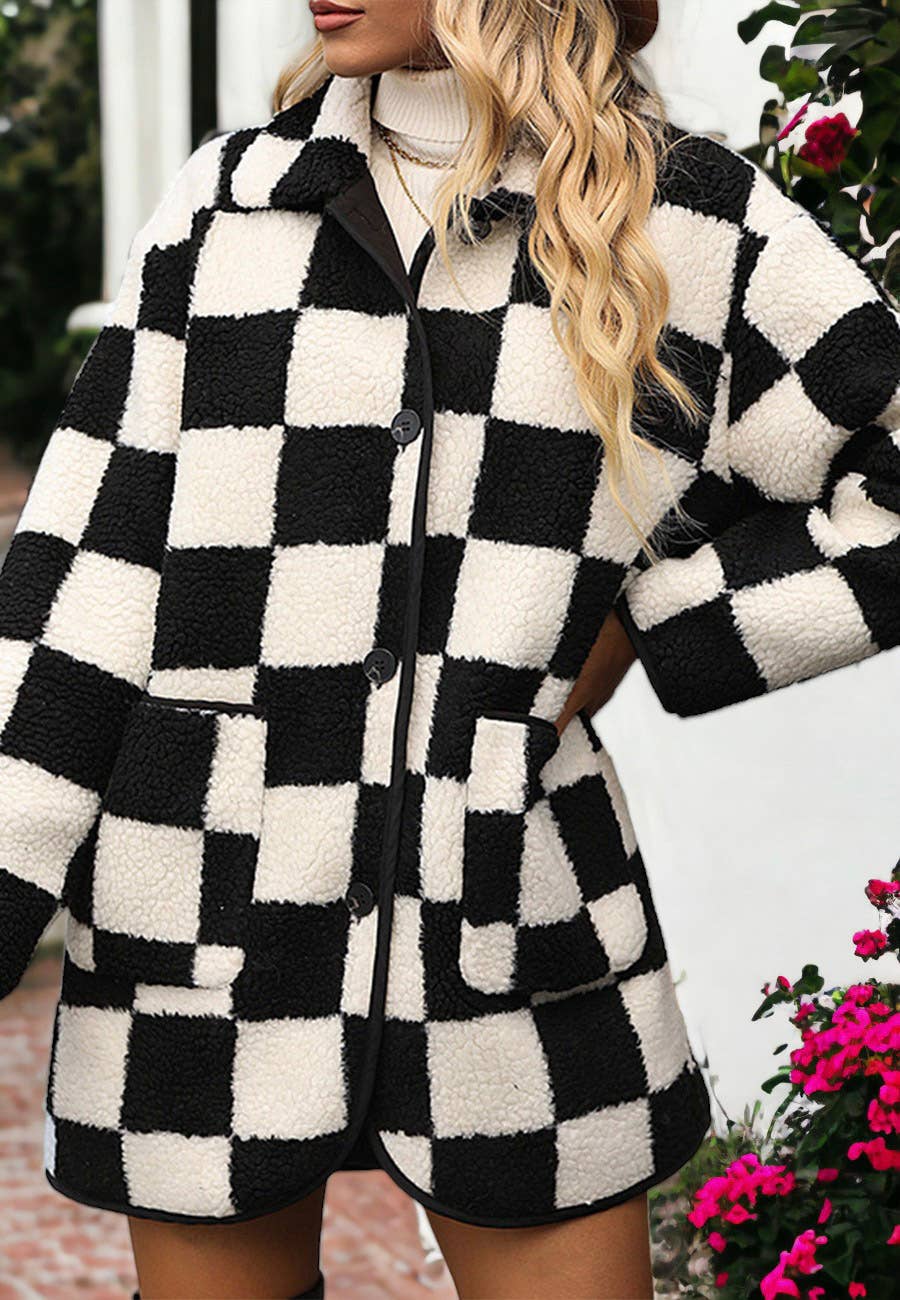 Anna Kaci Wholesale - Fuzzy Plaid Pattern Button Down Coat
