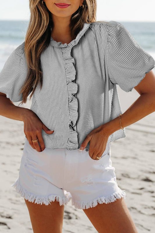 Aapparella - Texture Striped Ruffled Detail Shirt | S-XL