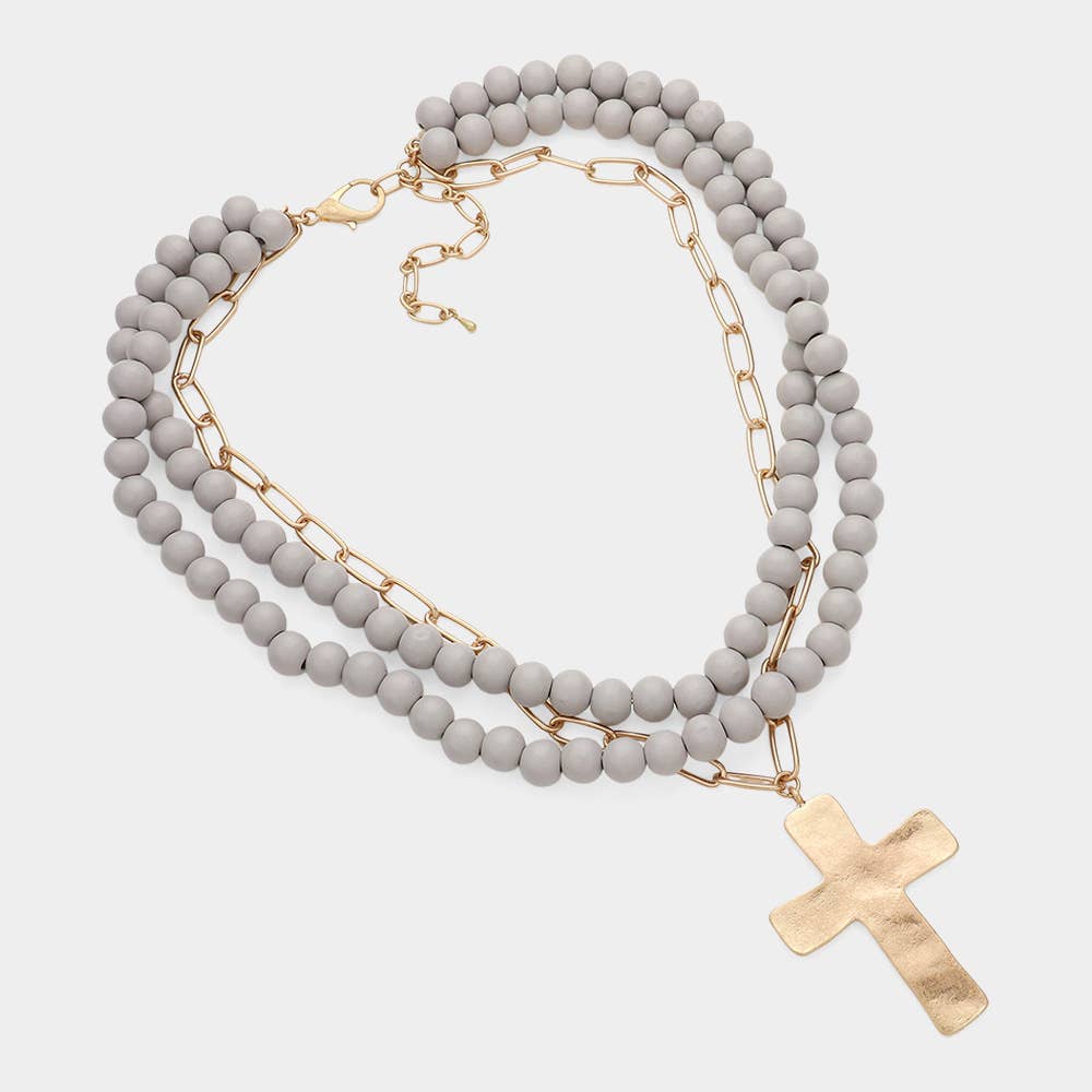Sensibling Corp. - Hammered Metal Cross Pendant Wood Chain Layered Necklace