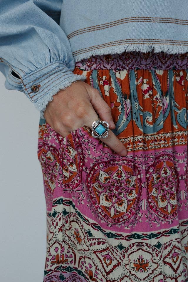 Three Bird Nest - Whimsical Square Ring - Turquoise