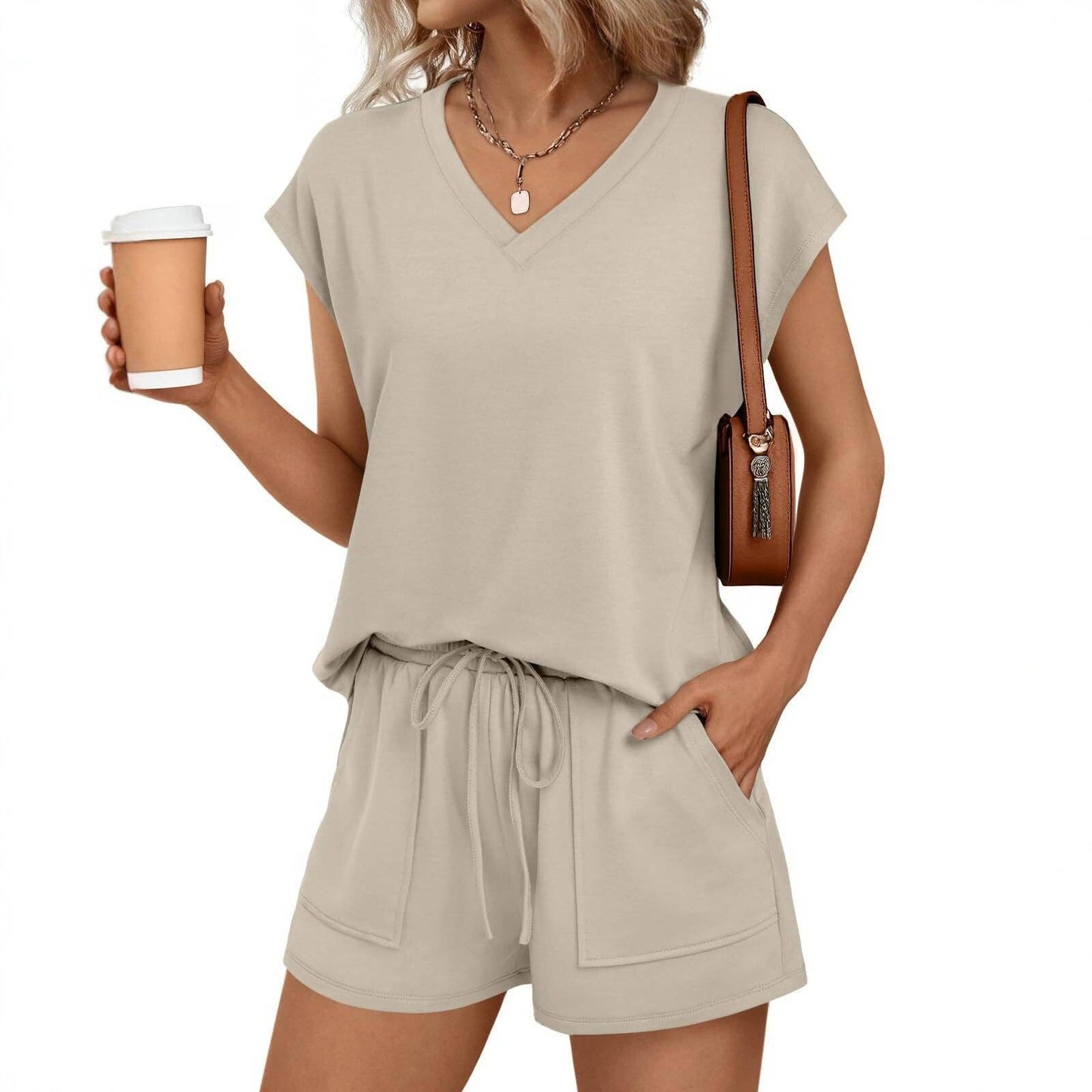 Lovesoft - Women’s V Neck Short Sleeve Top and Drawstring Shorts Set Casual Summer Lounge Outfit