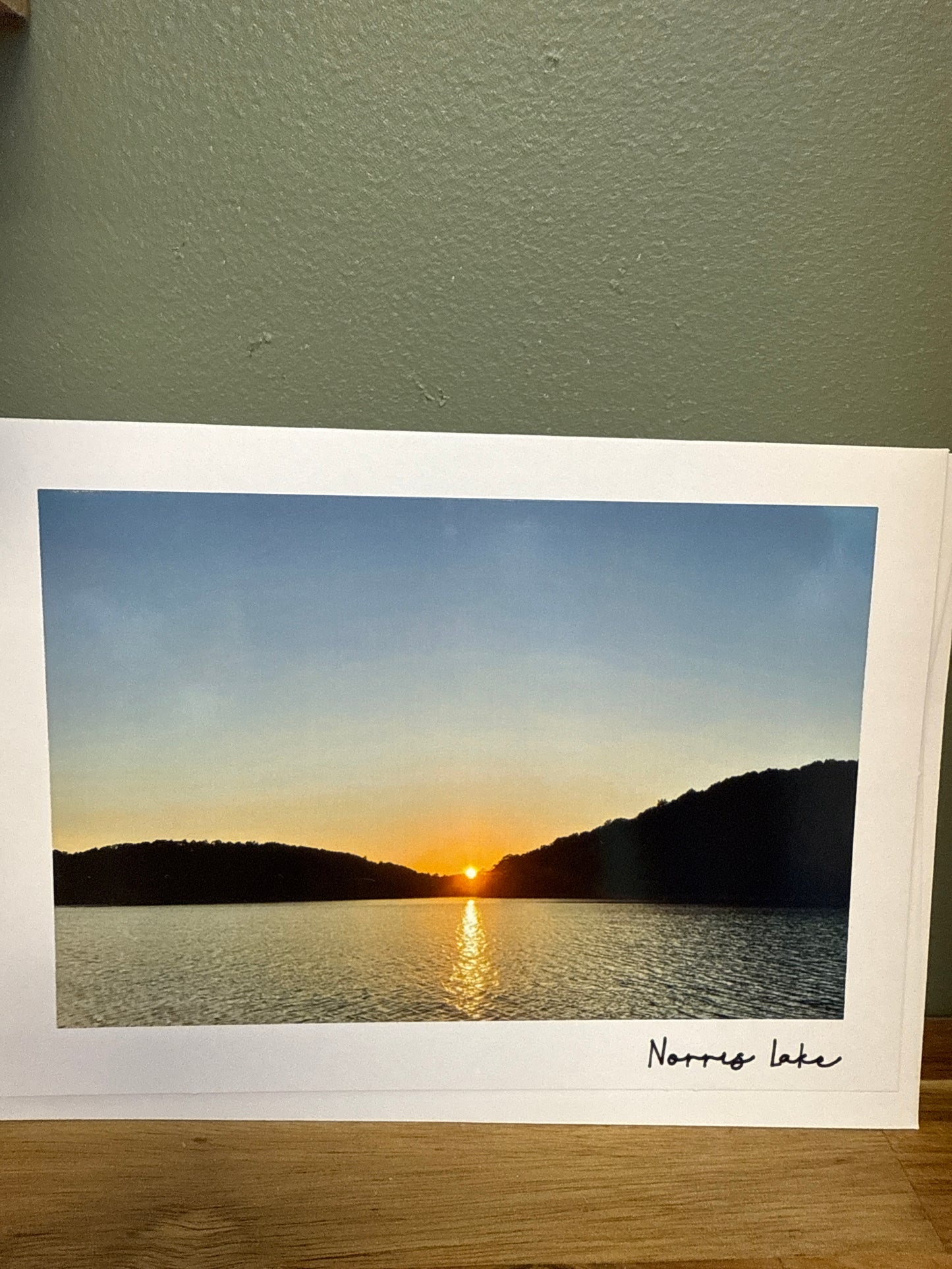 Norris Lake Photo Card sun peeking from between mountains