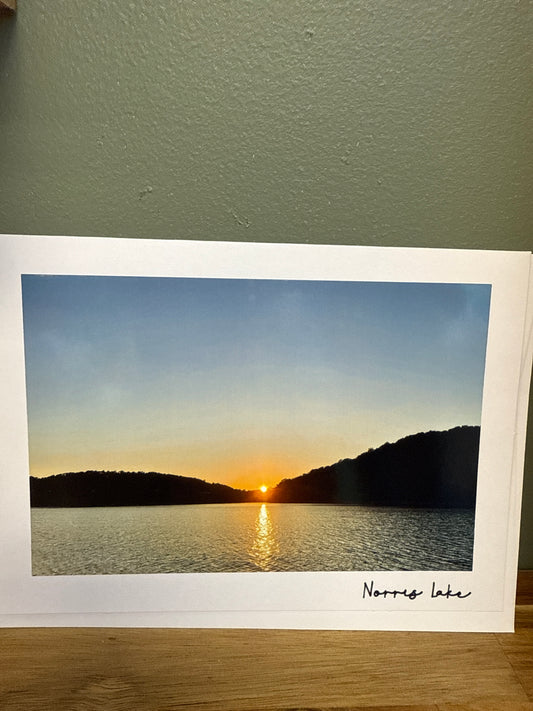 Norris Lake Photo Card sun peeking from between mountains