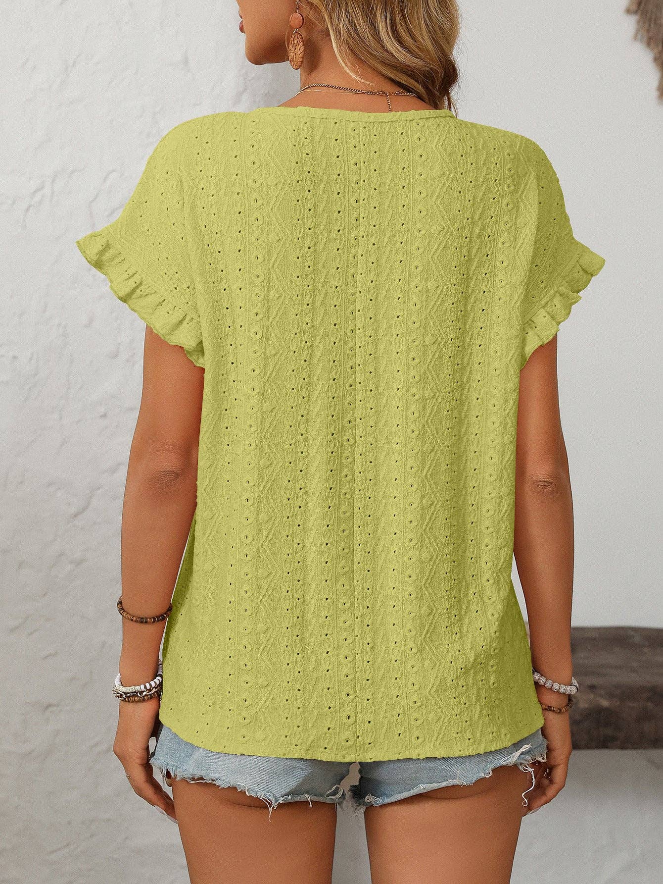 Lovesoft - Solid Color Crewneck Sweet Short-Sleeve Hollow-Out Top