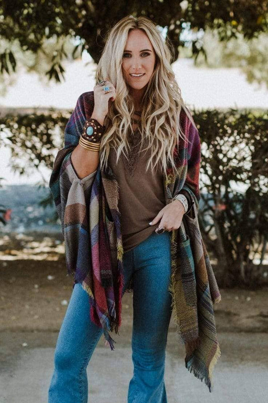 Three Bird Nest - Cozy Plaid Pocket Ruana Wrap - Fuchsia
