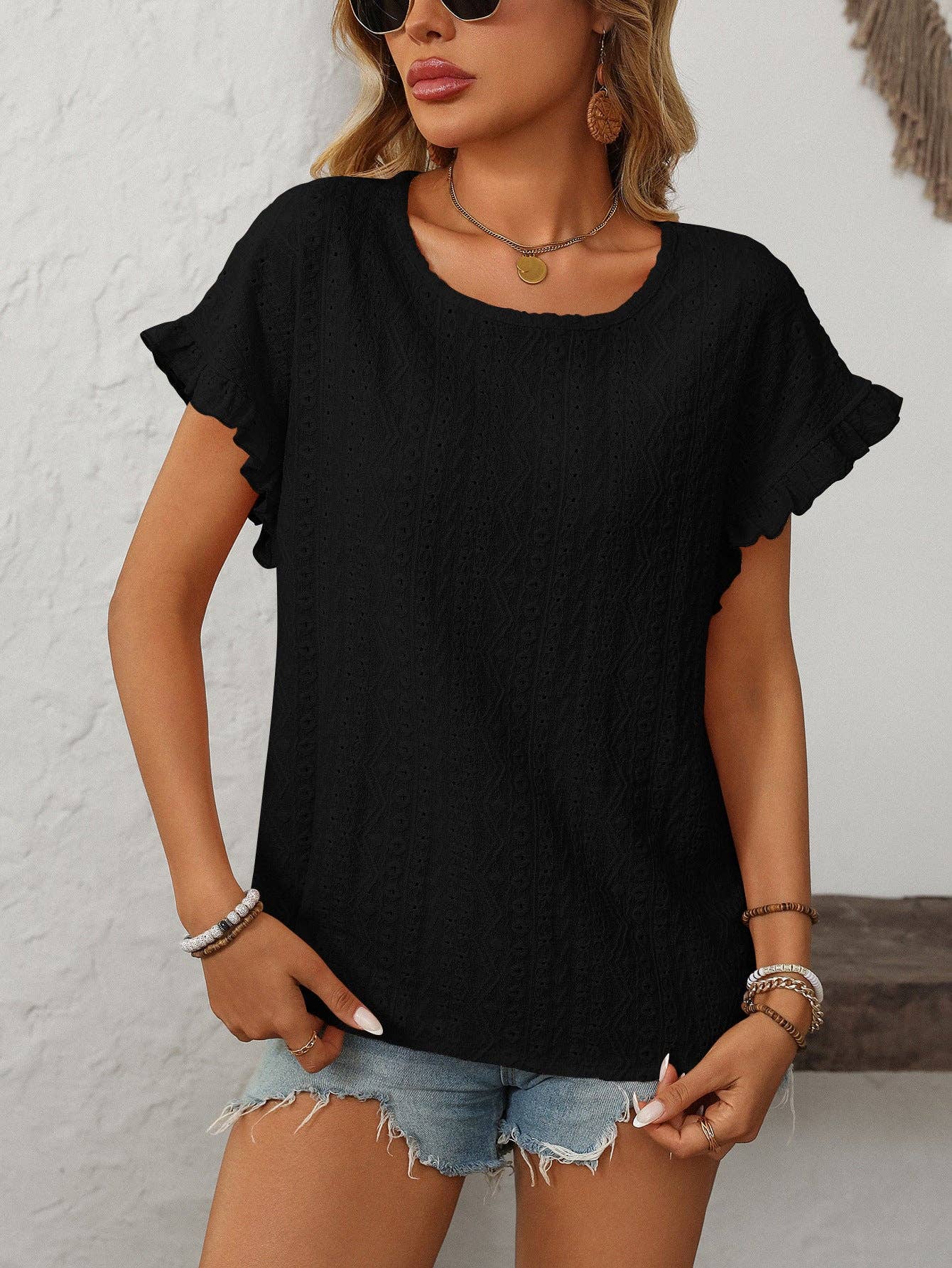 Lovesoft - Solid Color Crewneck Sweet Short-Sleeve Hollow-Out Top