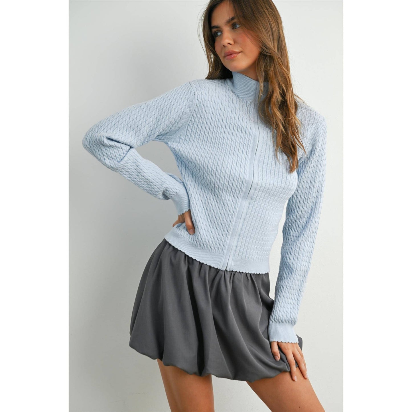 BUTTERMELON - Zip Up Long Sleeve Mock Neck Cardigan - BMC7936