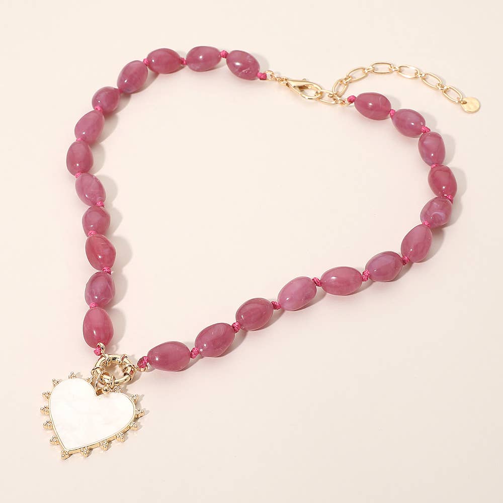 Sensibling Corp. - Mother of Pearl Heart Pendant Marbled Resin Oval Beaded Necklace