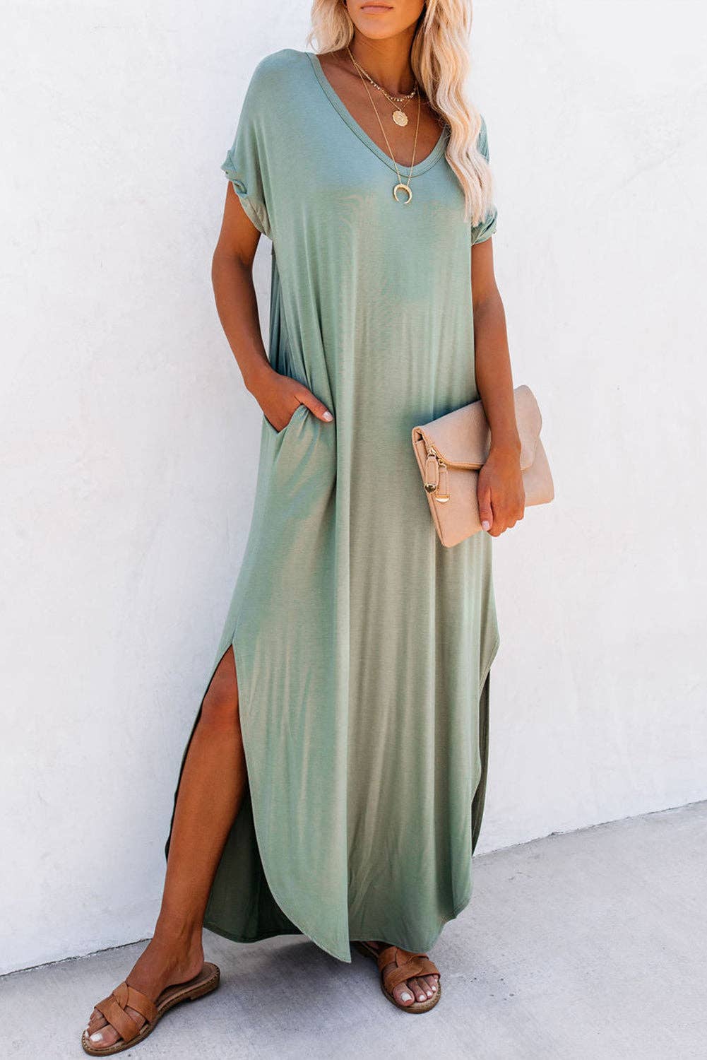 Lovesoft - V Neck Hidden Pocket Splits Maxi T-shirt Dress