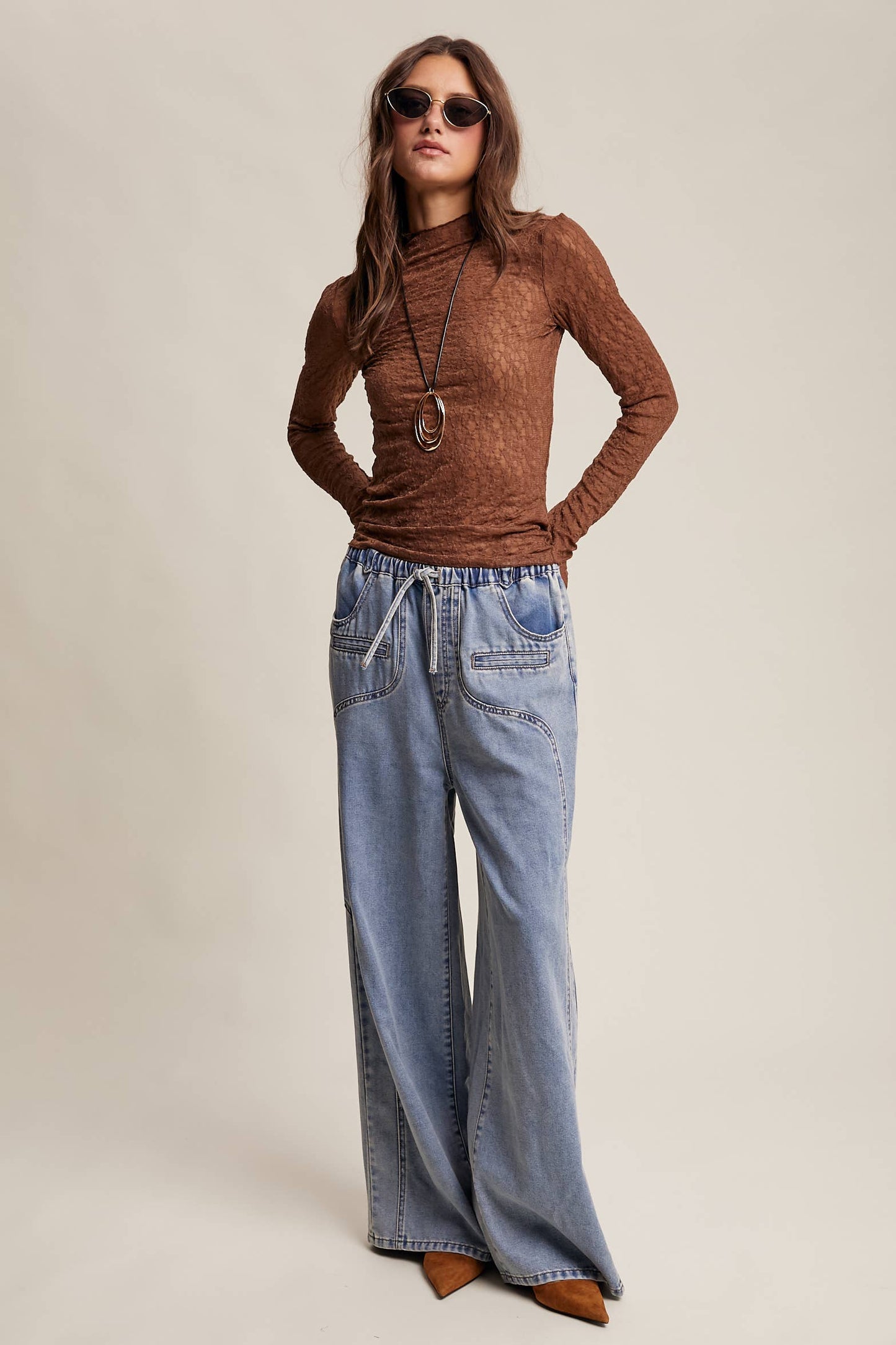 Listicle - Wide Leg Denim Drawstring Pants