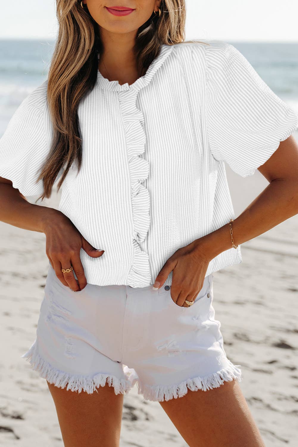 Aapparella - Texture Striped Ruffled Detail Shirt | S-XL