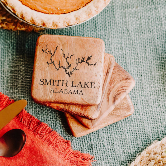 The Lillie Pad - Custom Lake Map Coasters  - Wood Walnut Coasters Set of 4