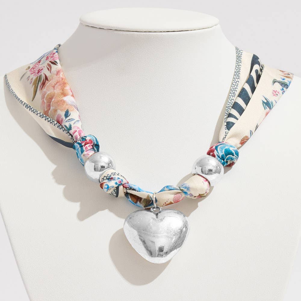 Sensibling Corp. - Gold Dipped Puffy Heart Charm Fabric Scarf Necklace / Adjustable Bracelet / Bag Charm