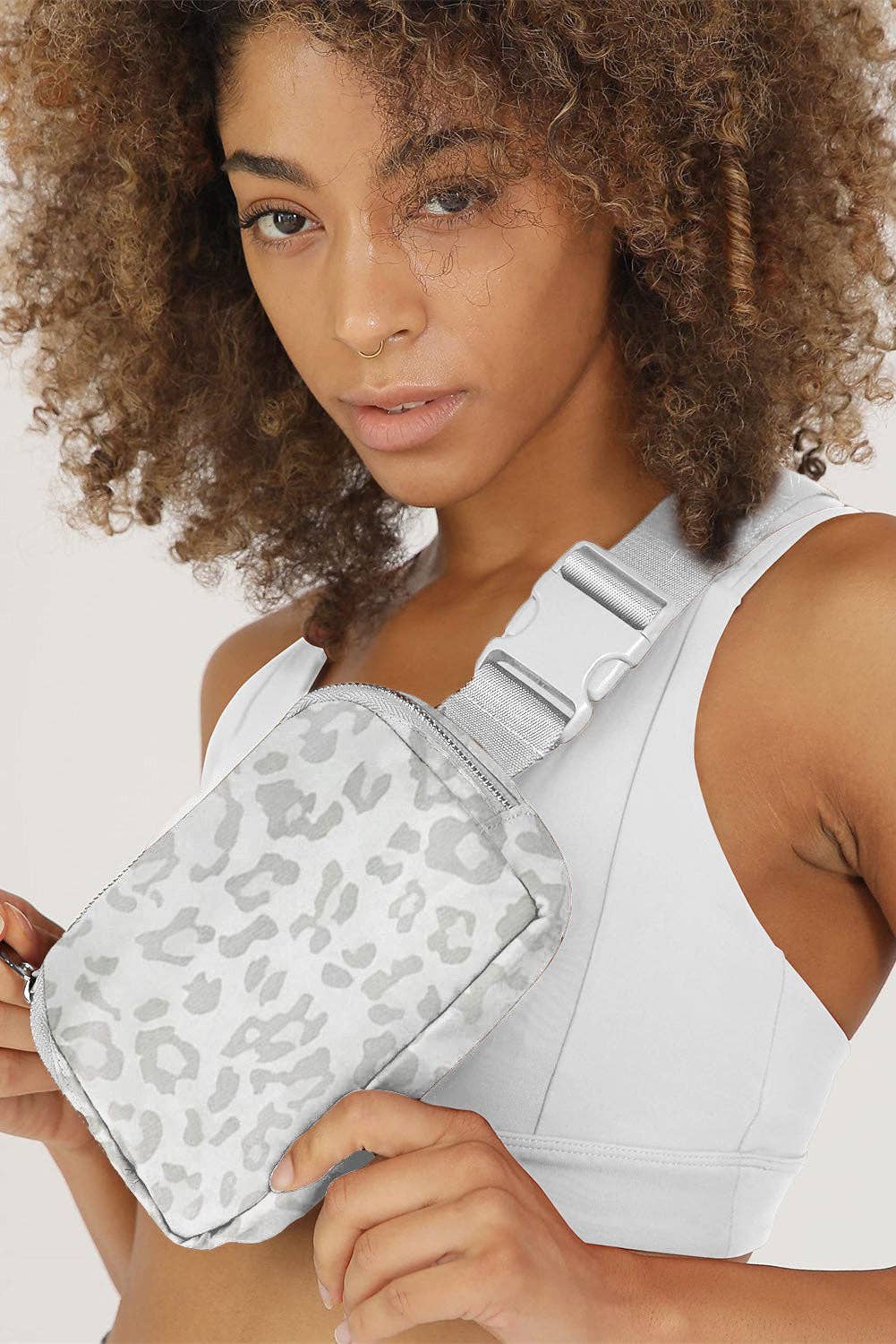Lovesoft - White Leopard Print Buckle Canvas Chest Bag 20*5*14cm