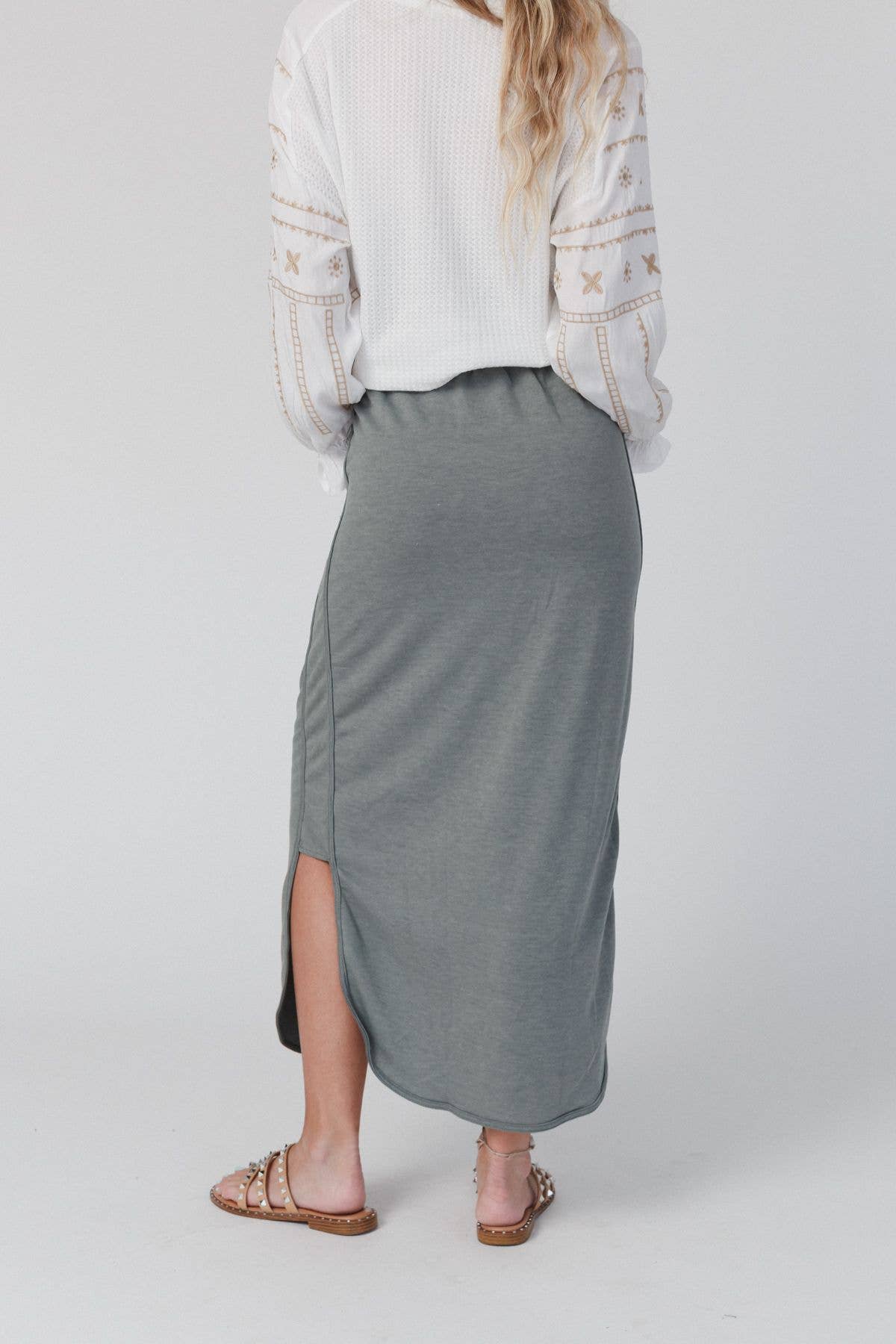 Three Bird Nest - So Comfy Drawstring Maxi Skirt - Light Olive
