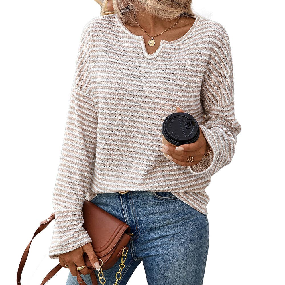 Lovesoft - Women’s Striped Waffle Knit Long Sleeve Casual T-Shirt Top