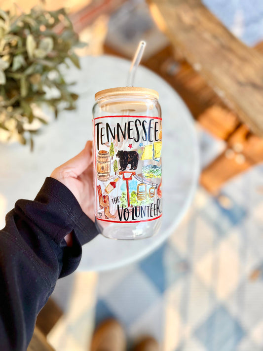 Happy By Rachel, LLC - State of Tennesse 16 oz Glassware with a Bamboo Lid & Straw