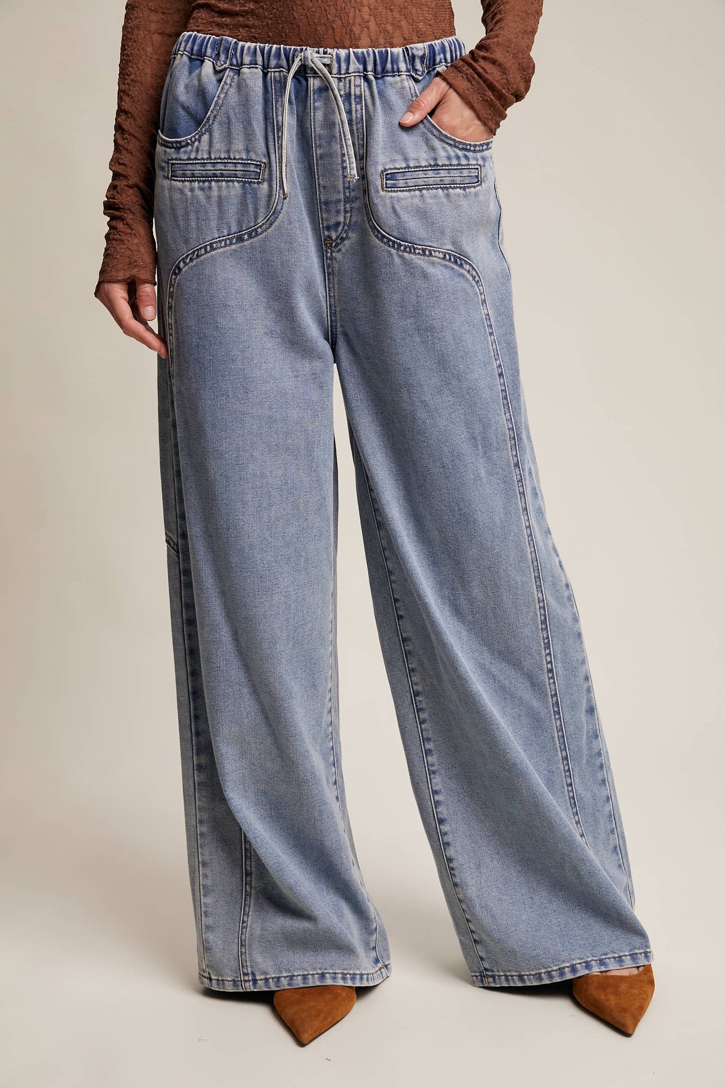 Listicle - Wide Leg Denim Drawstring Pants