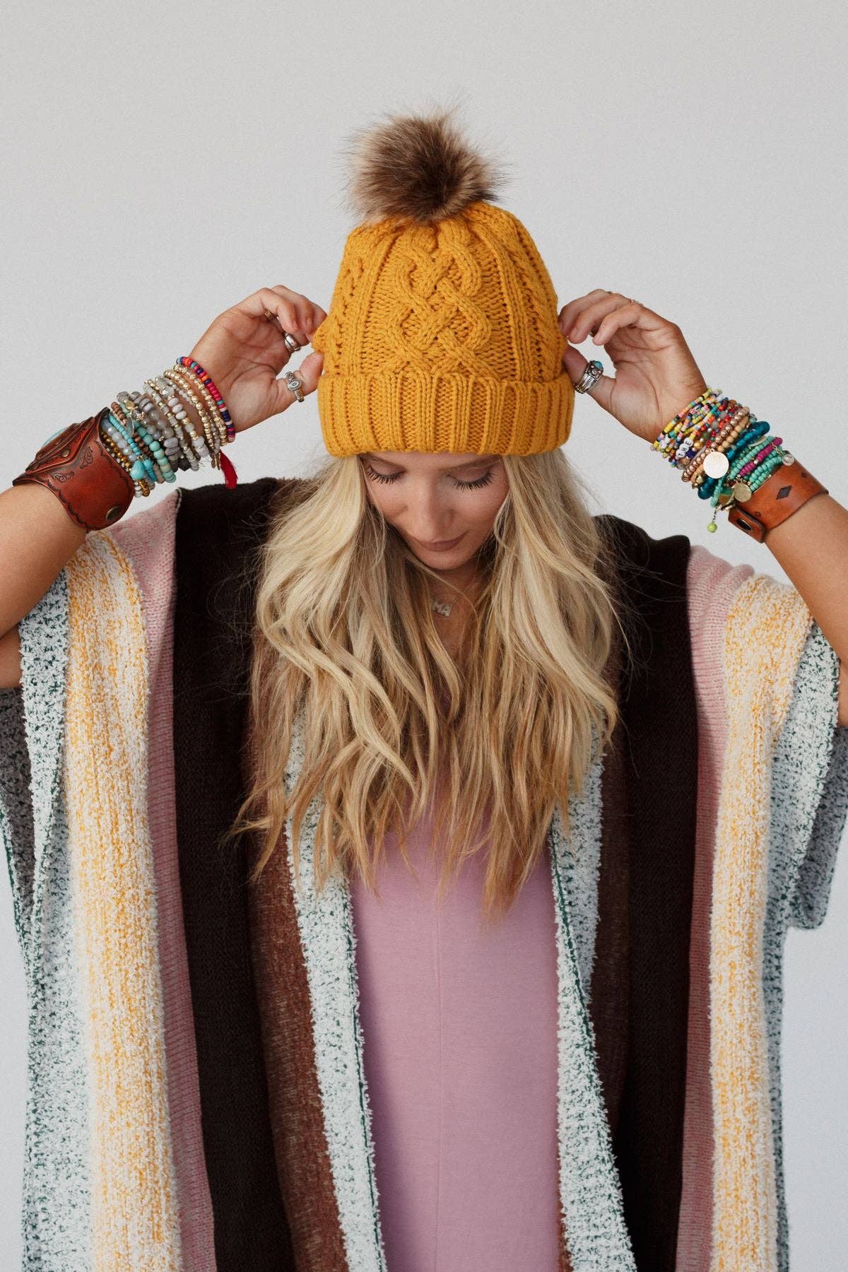 Three Bird Nest - Cable Knit Faux Fur Pom Beanie - Mustard