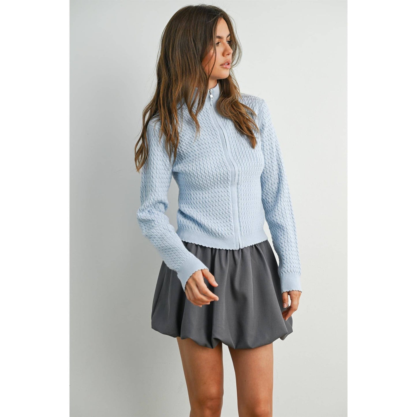 BUTTERMELON - Zip Up Long Sleeve Mock Neck Cardigan - BMC7936