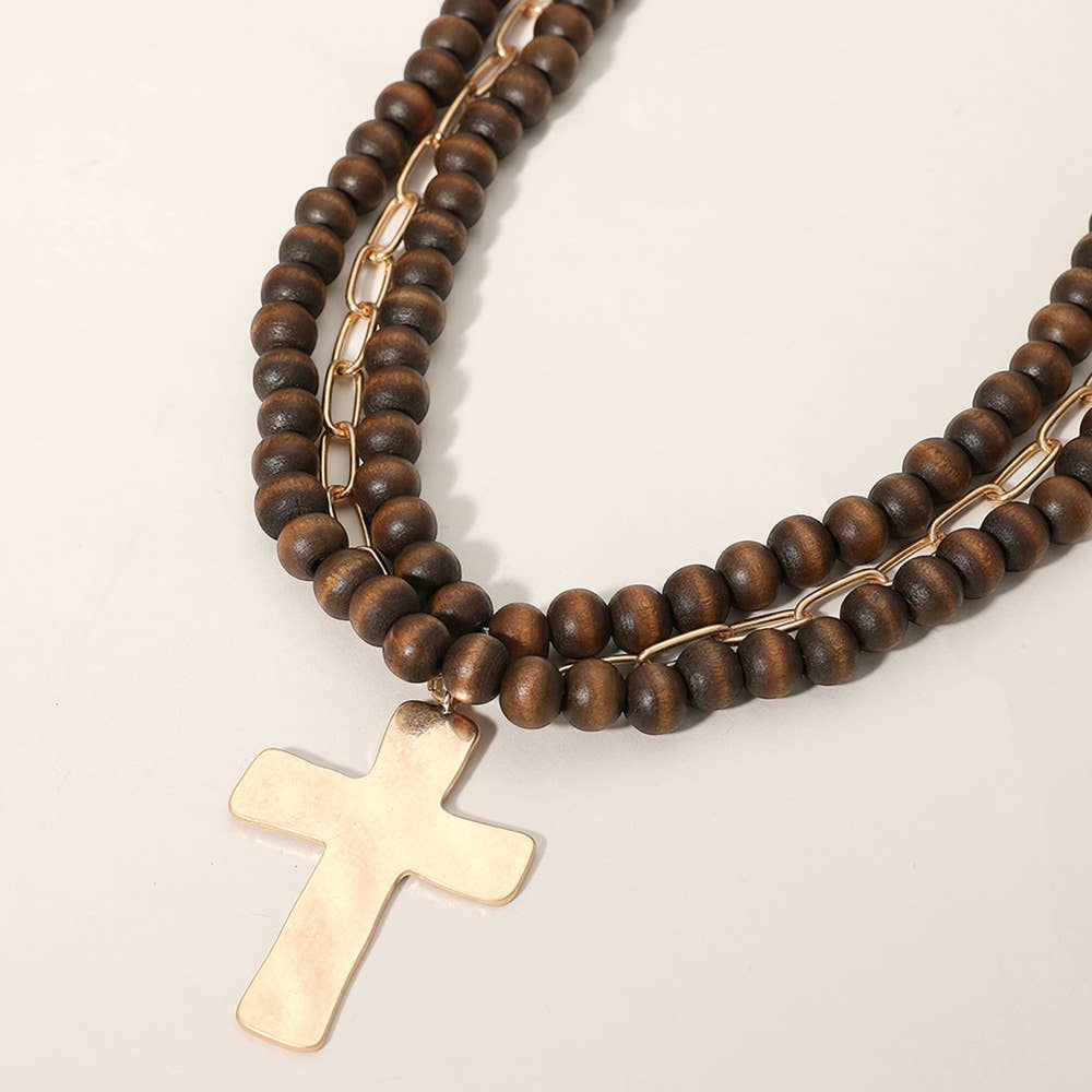 Sensibling Corp. - Hammered Metal Cross Pendant Wood Chain Layered Necklace