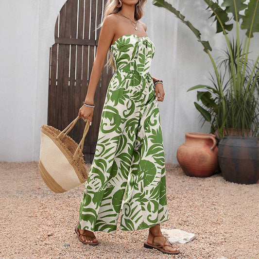 Lovesoft - Women Strapless Tropical Print Wide Leg Jumpsuit Summer