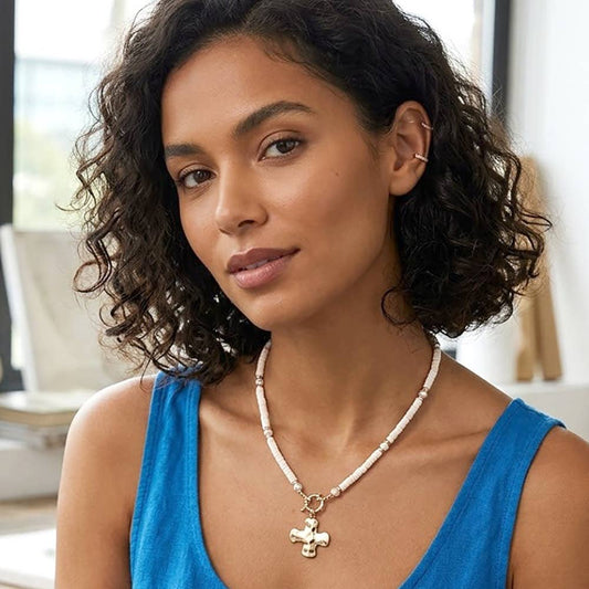 Sensibling Corp. - Hammered Metal Cross Charm Pendant Accent Pearl Flat Beaded Necklace