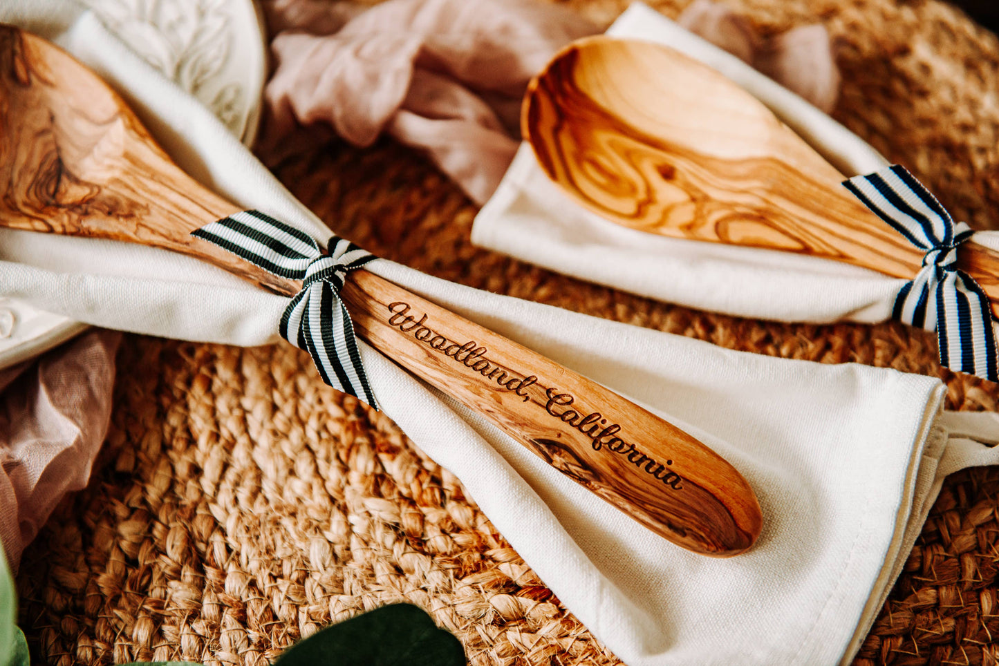 The Lillie Pad - Custom City Name Olive Wood Serving Spoon & Towel Gift Set
