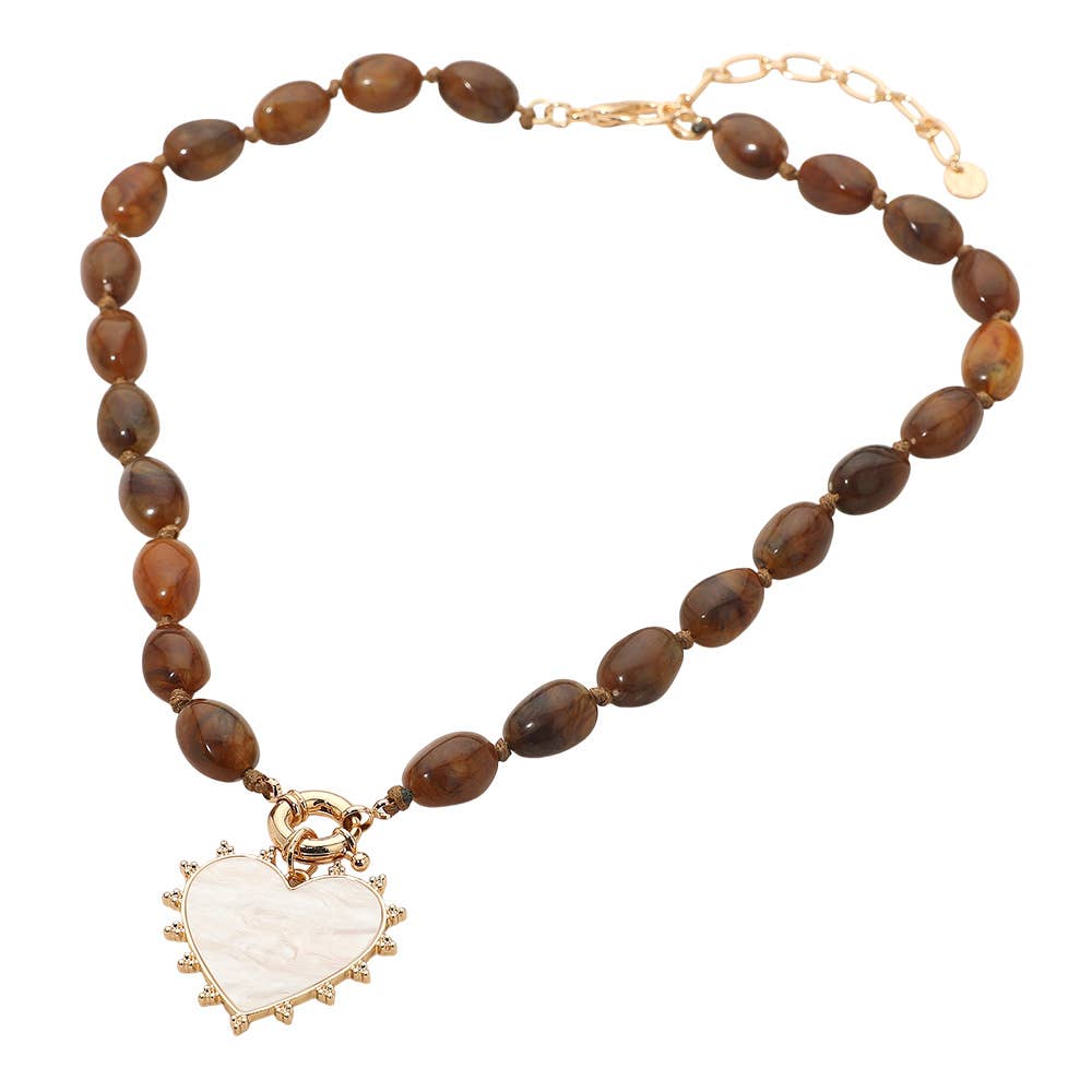 Sensibling Corp. - Mother of Pearl Heart Pendant Marbled Resin Oval Beaded Necklace
