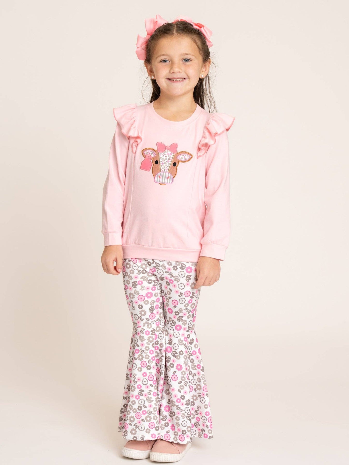 Marie Nicole Clothing - Floral Cow Cutie Ruffle Bell Bottom Outfit