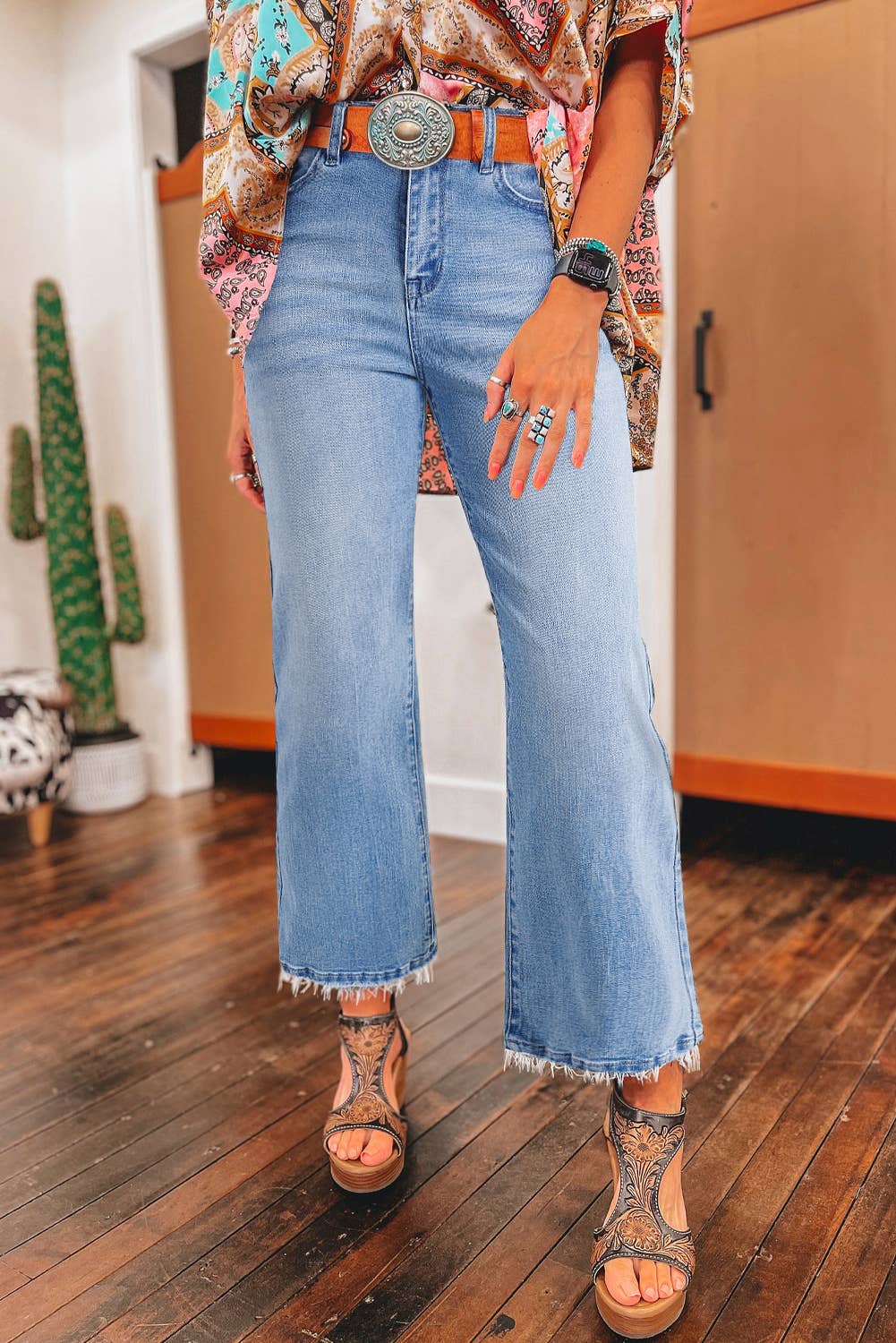 Lovesoft - Sail Blue Mineral Wash Raw Hem High Waist Flared Jeans