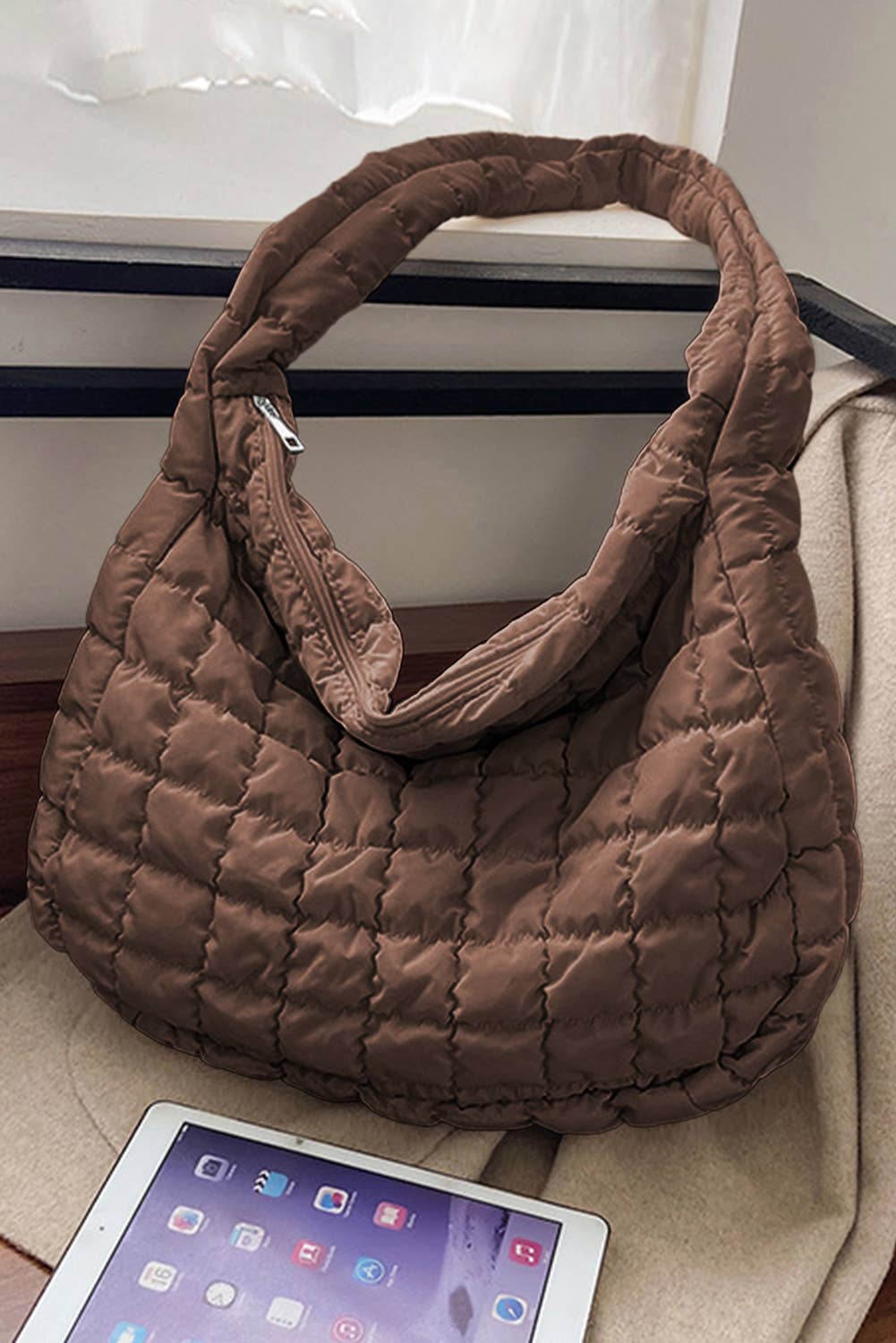 Lovesoft - Quilted Zipper Large Shoulder Bag