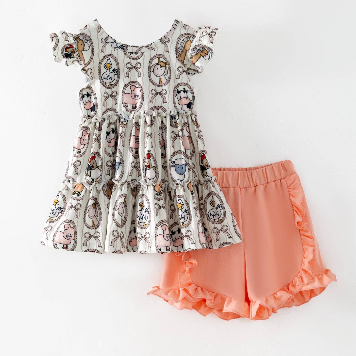 The Hair Bow Company - Farm Friends Cameo Two-Piece Set | Girls Farm Animal Top & Ruffle Shorts Set