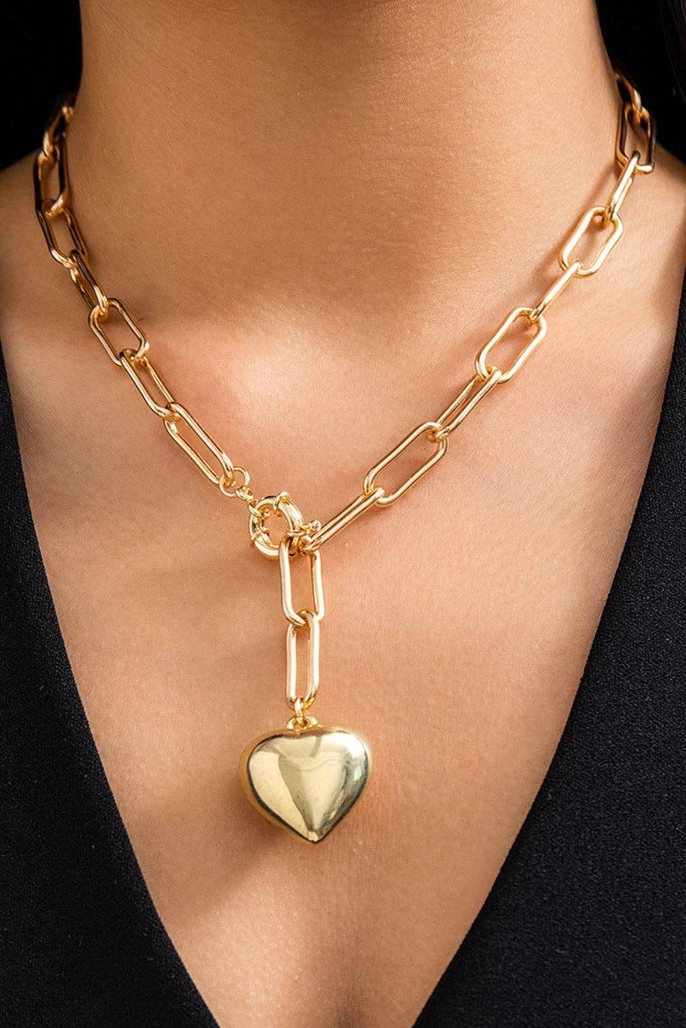Lovesoft - Gold Plated Paperclip Chain 3D Heart Pendant Necklace