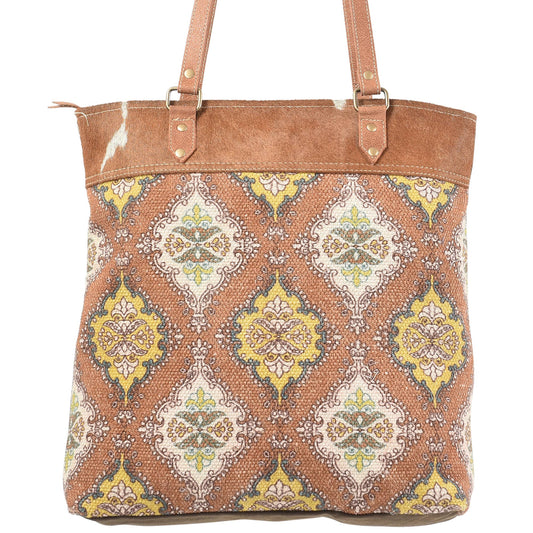 Clea Ray Canvas Bags & Clothing - Brown and Yellow Rug Tote with Fur