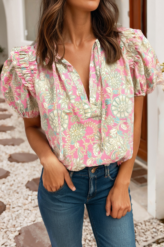Little Daisy Closet - LDC Tie V Neck Floral Short Puff Sleeve Blouse