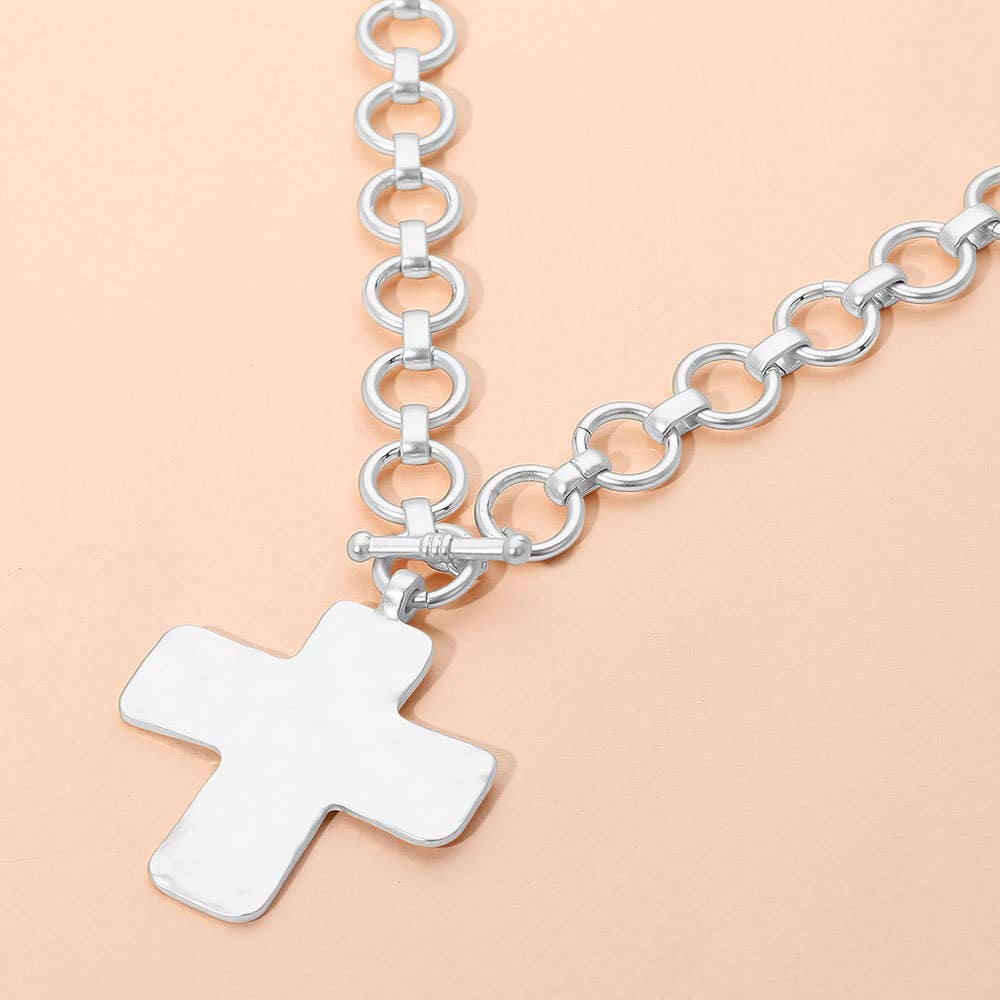 Sensibling Corp. - Hammered Matte Metal Cross Pendant Chunky Chain Toggle Necklace