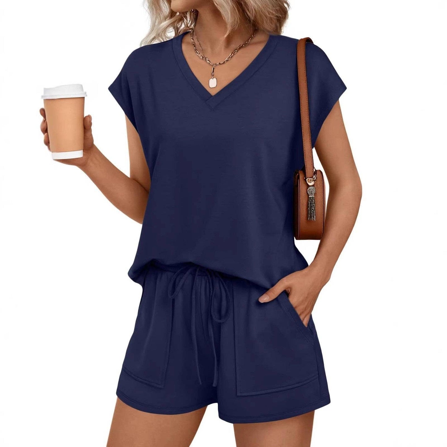 Lovesoft - Women’s V Neck Short Sleeve Top and Drawstring Shorts Set Casual Summer Lounge Outfit