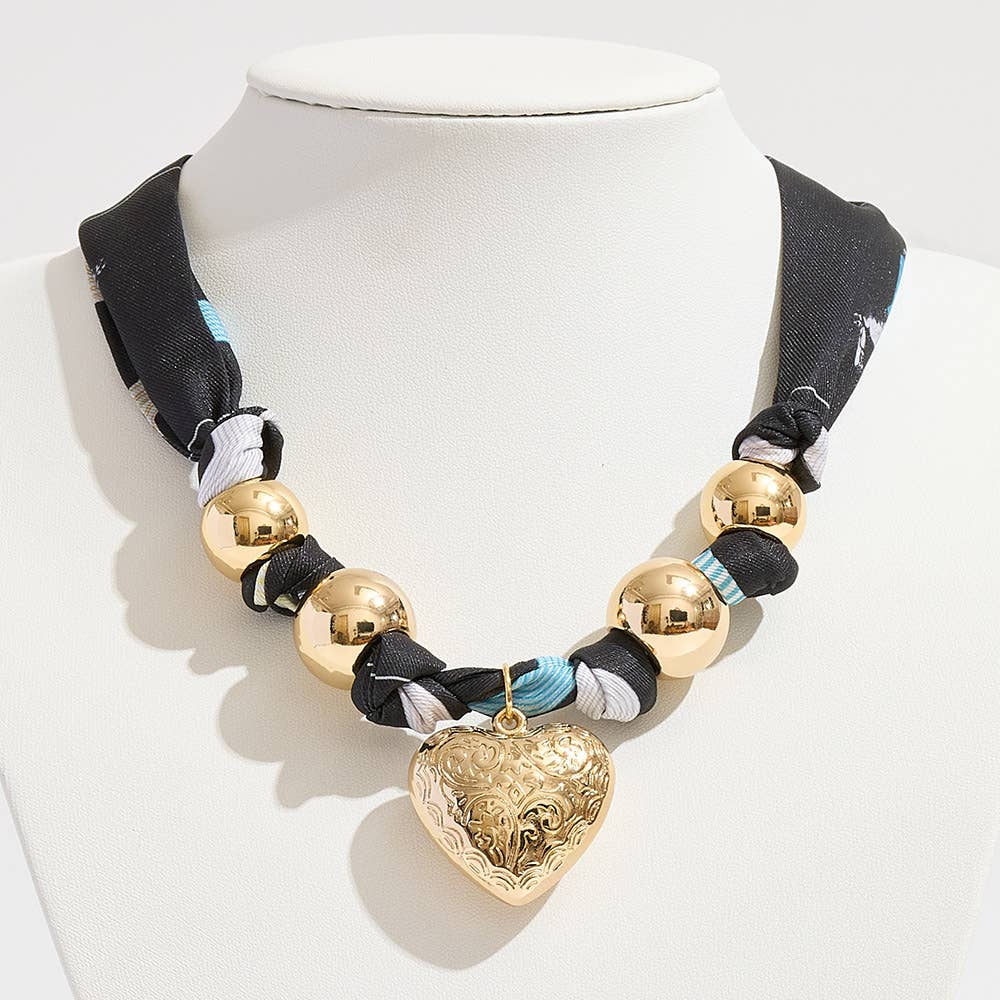 Sensibling Corp. - Gold Dipped Puffy Textured Heart Charm Accent Fabric Scarf Necklace / Adjustable Bracelet / Bag Charm